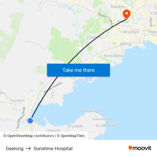 Geelong to Sunshine Hospital map