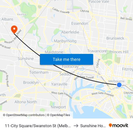 11-City Square/Swanston St (Melbourne City) to Sunshine Hospital map