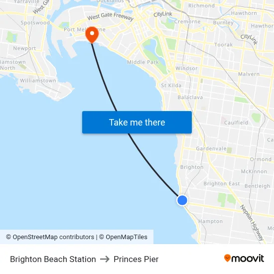 Brighton Beach Station to Princes Pier map
