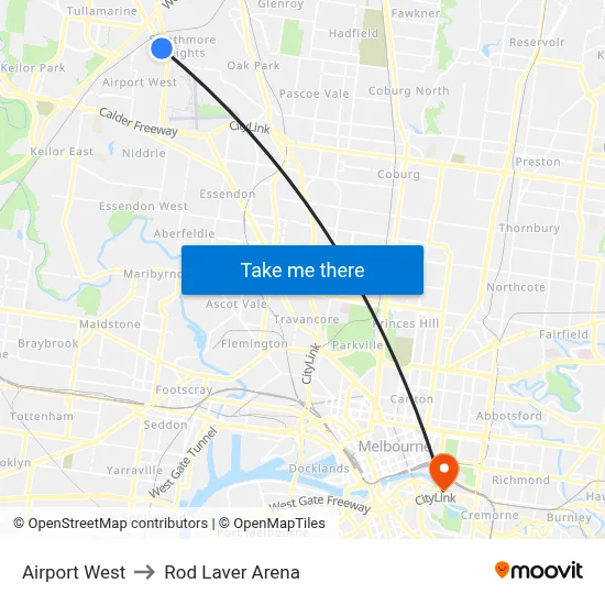 Airport West to Rod Laver Arena map