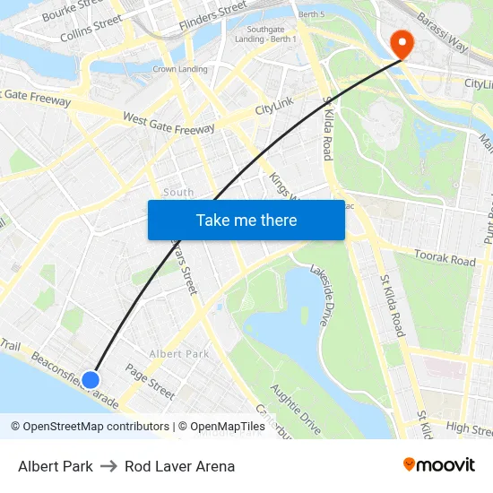 Albert Park to Rod Laver Arena map