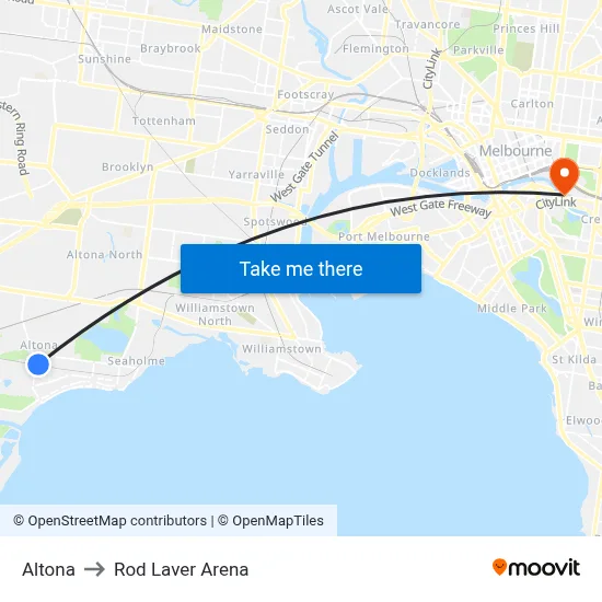 Altona to Rod Laver Arena map
