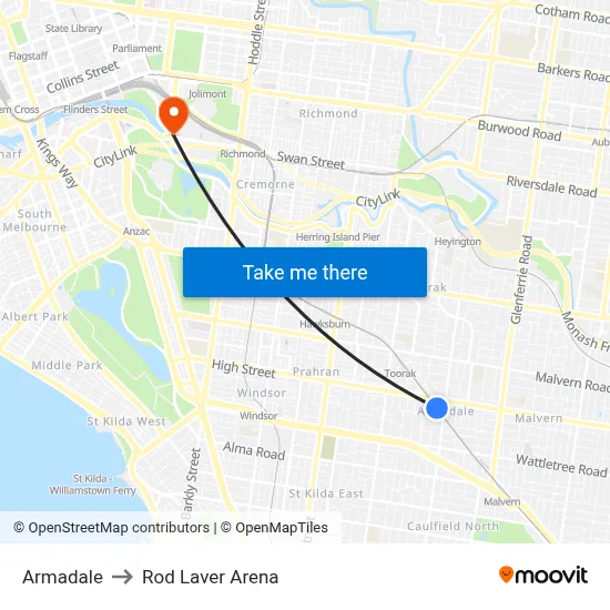 Armadale to Rod Laver Arena map