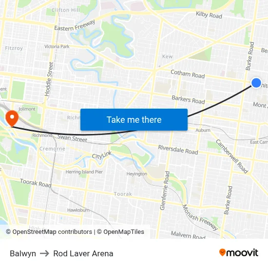 Balwyn to Rod Laver Arena map