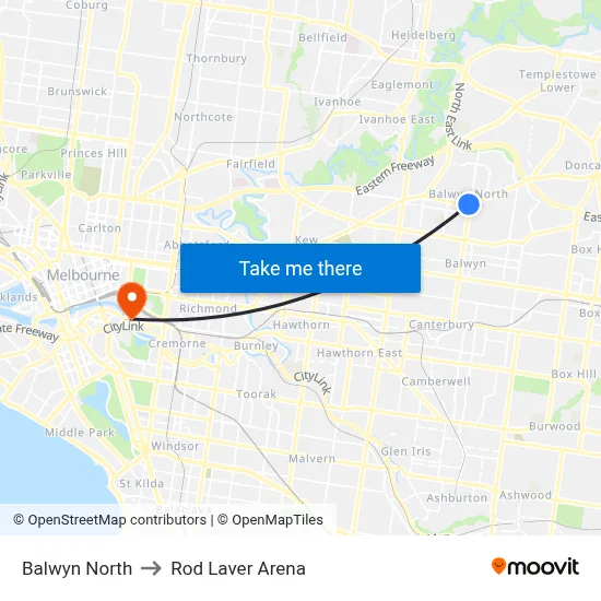 Balwyn North to Rod Laver Arena map