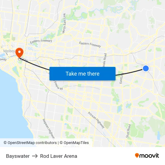 Bayswater to Rod Laver Arena map