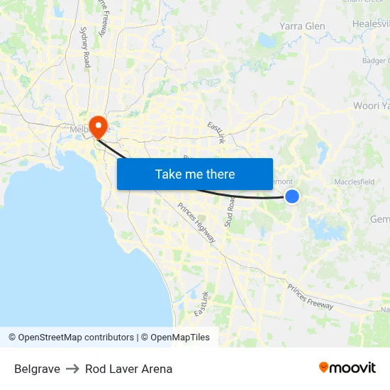 Belgrave to Rod Laver Arena map