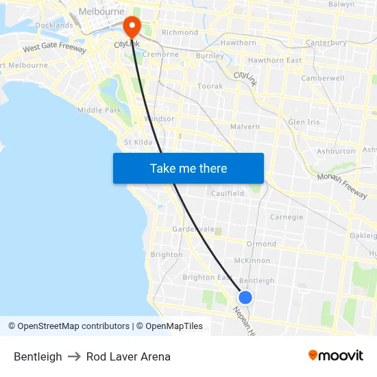 Bentleigh to Rod Laver Arena map