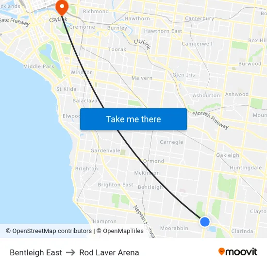 Bentleigh East to Rod Laver Arena map