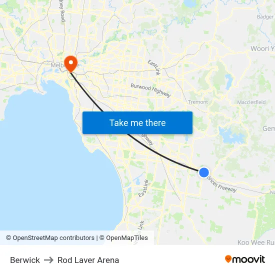 Berwick to Rod Laver Arena map
