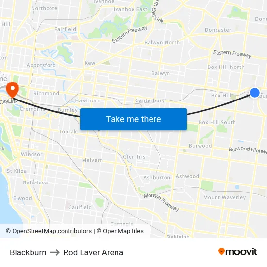 Blackburn to Rod Laver Arena map