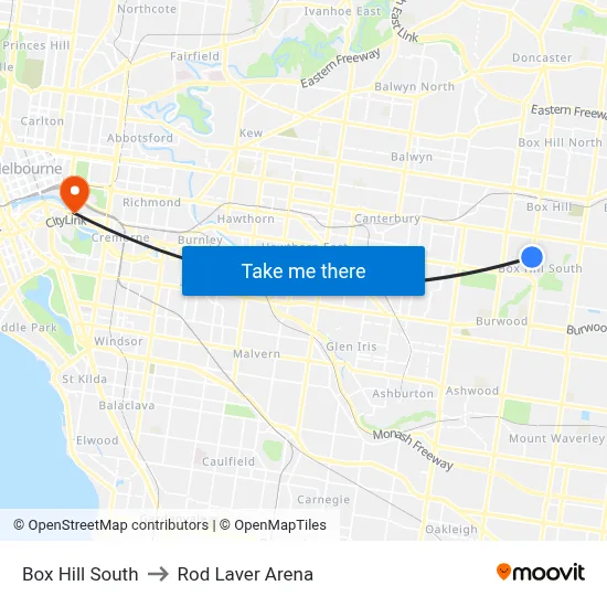 Box Hill South to Rod Laver Arena map