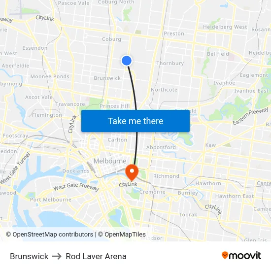 Brunswick to Rod Laver Arena map