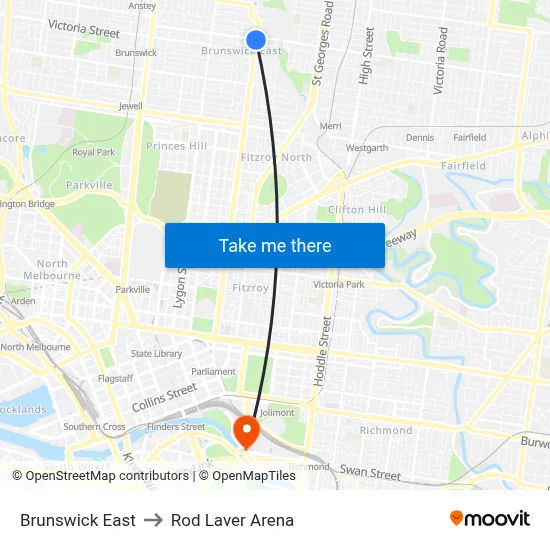 Brunswick East to Rod Laver Arena map