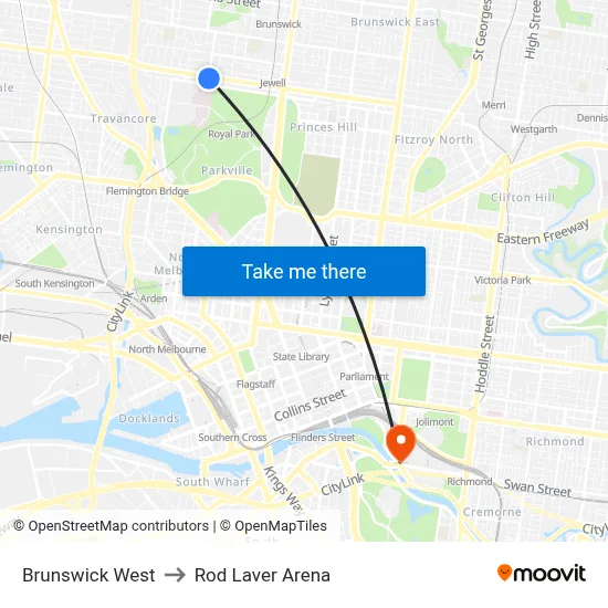 Brunswick West to Rod Laver Arena map