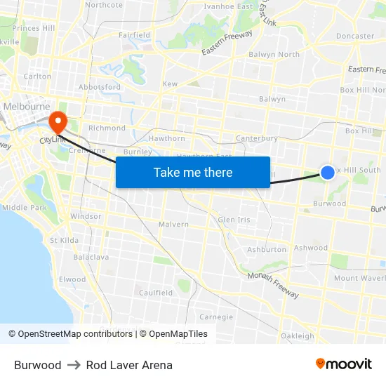 Burwood to Rod Laver Arena map