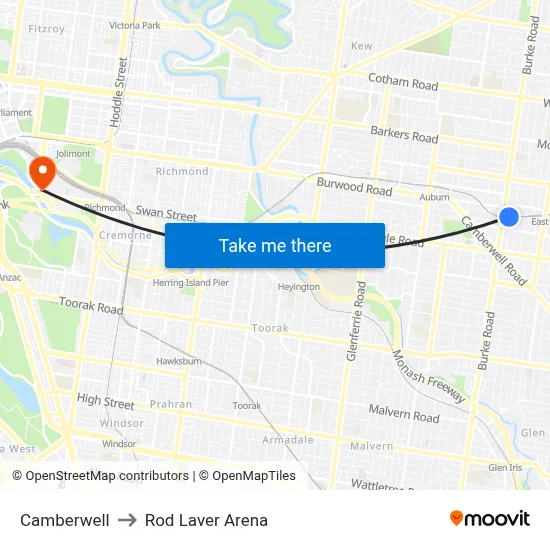 Camberwell to Rod Laver Arena map