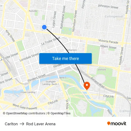 Carlton to Rod Laver Arena map