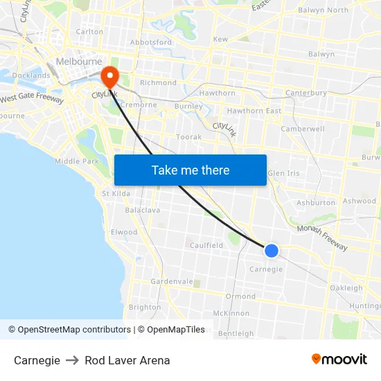 Carnegie to Rod Laver Arena map