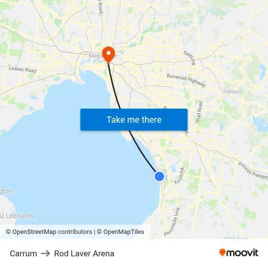 Carrum to Rod Laver Arena map