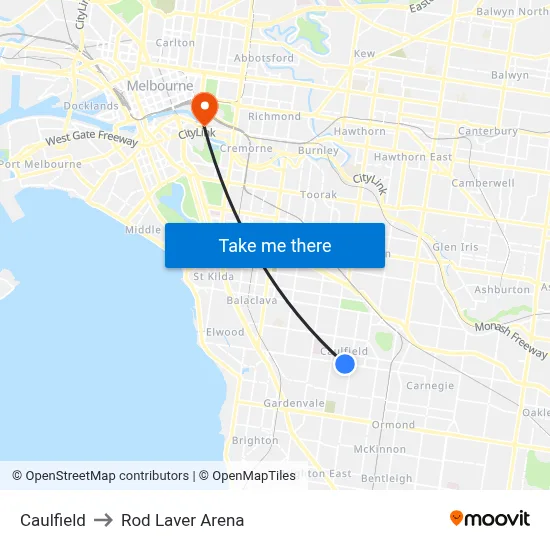 Caulfield to Rod Laver Arena map