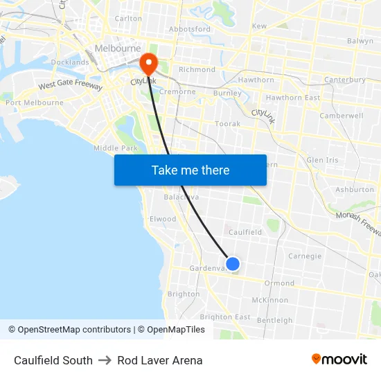 Caulfield South to Rod Laver Arena map