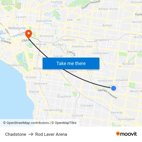 Chadstone to Rod Laver Arena map