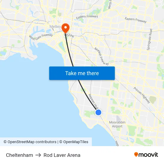 Cheltenham to Rod Laver Arena map