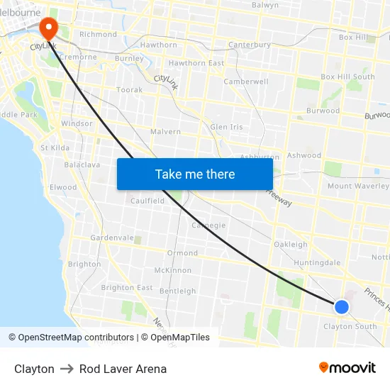 Clayton to Rod Laver Arena map