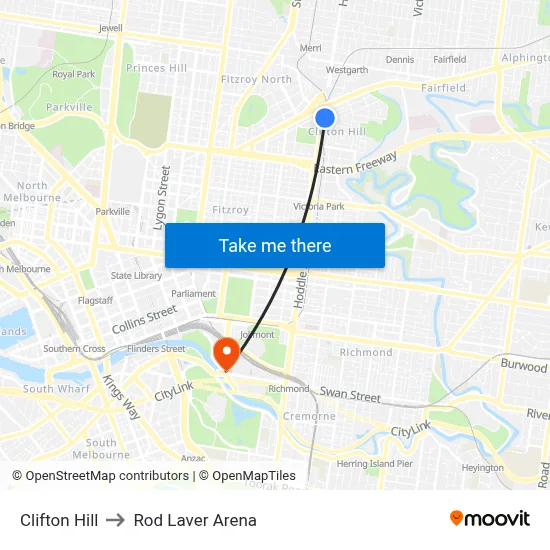 Clifton Hill to Rod Laver Arena map