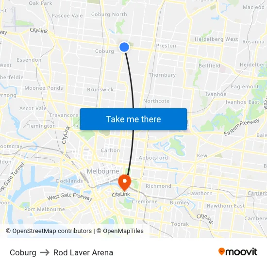 Coburg to Rod Laver Arena map