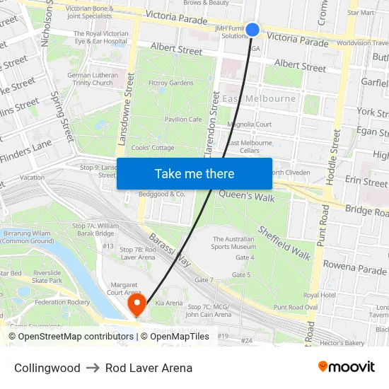 Collingwood to Rod Laver Arena map
