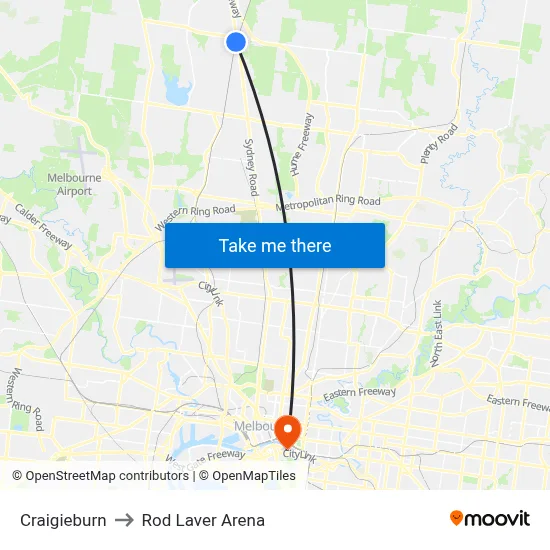 Craigieburn to Rod Laver Arena map