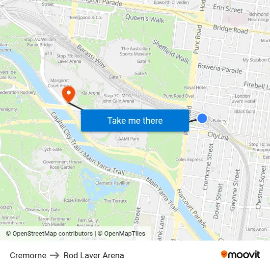 Cremorne to Rod Laver Arena map