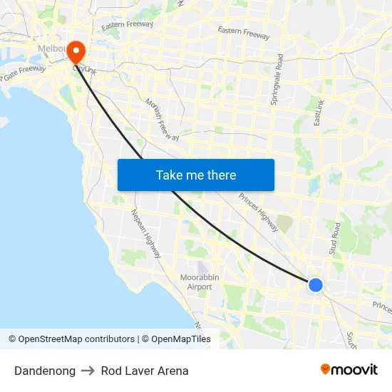 Dandenong to Rod Laver Arena map