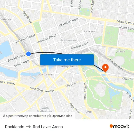 Docklands to Rod Laver Arena map