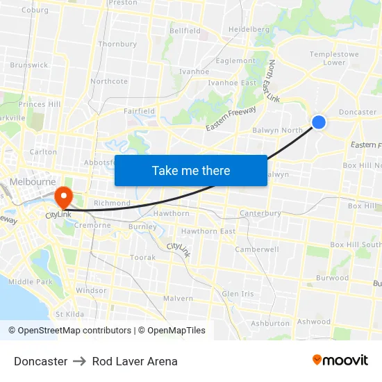 Doncaster to Rod Laver Arena map