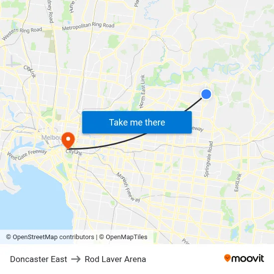 Doncaster East to Rod Laver Arena map