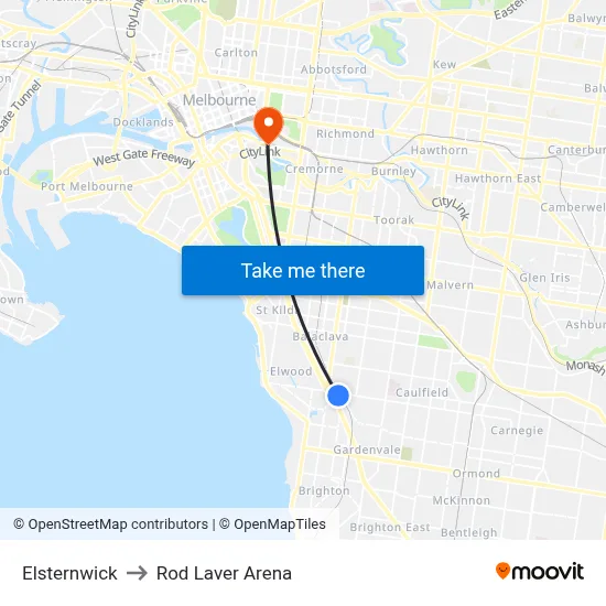 Elsternwick to Rod Laver Arena map