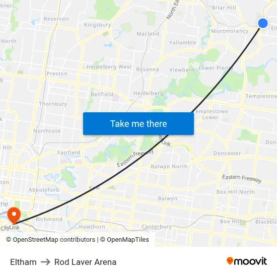 Eltham to Rod Laver Arena map