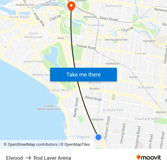 Elwood to Rod Laver Arena map