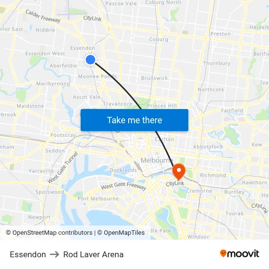 Essendon to Rod Laver Arena map