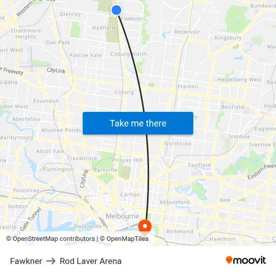 Fawkner to Rod Laver Arena map