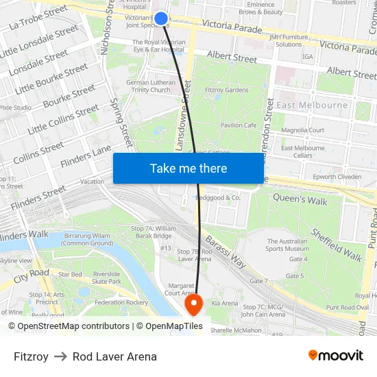 Fitzroy to Rod Laver Arena map