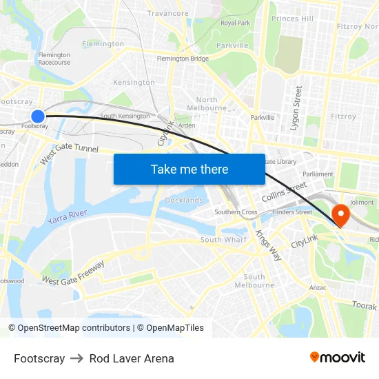 Footscray to Rod Laver Arena map