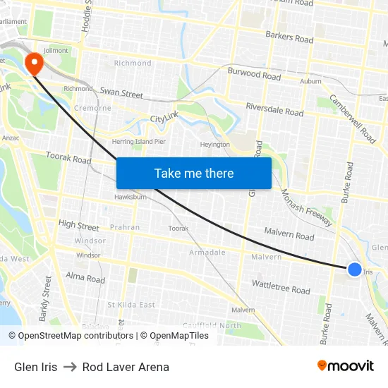 Glen Iris to Rod Laver Arena map