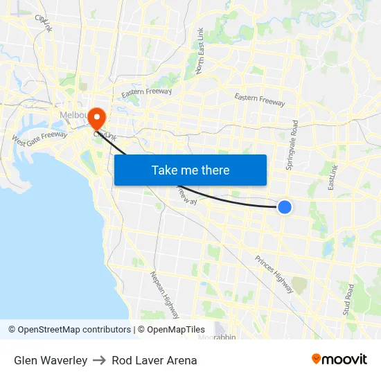 Glen Waverley to Rod Laver Arena map