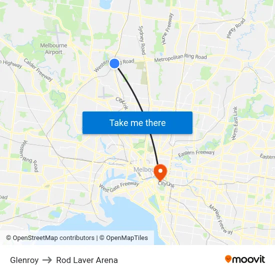 Glenroy to Rod Laver Arena map