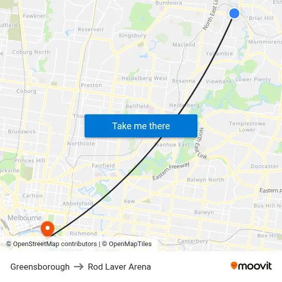 Greensborough to Rod Laver Arena map