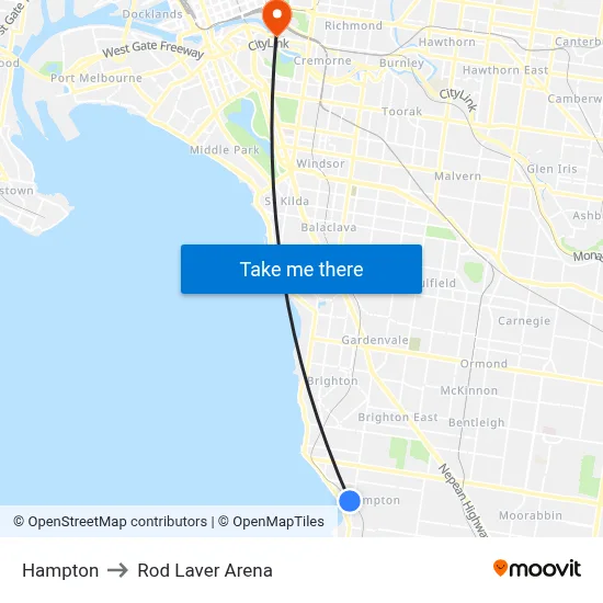 Hampton to Rod Laver Arena map
